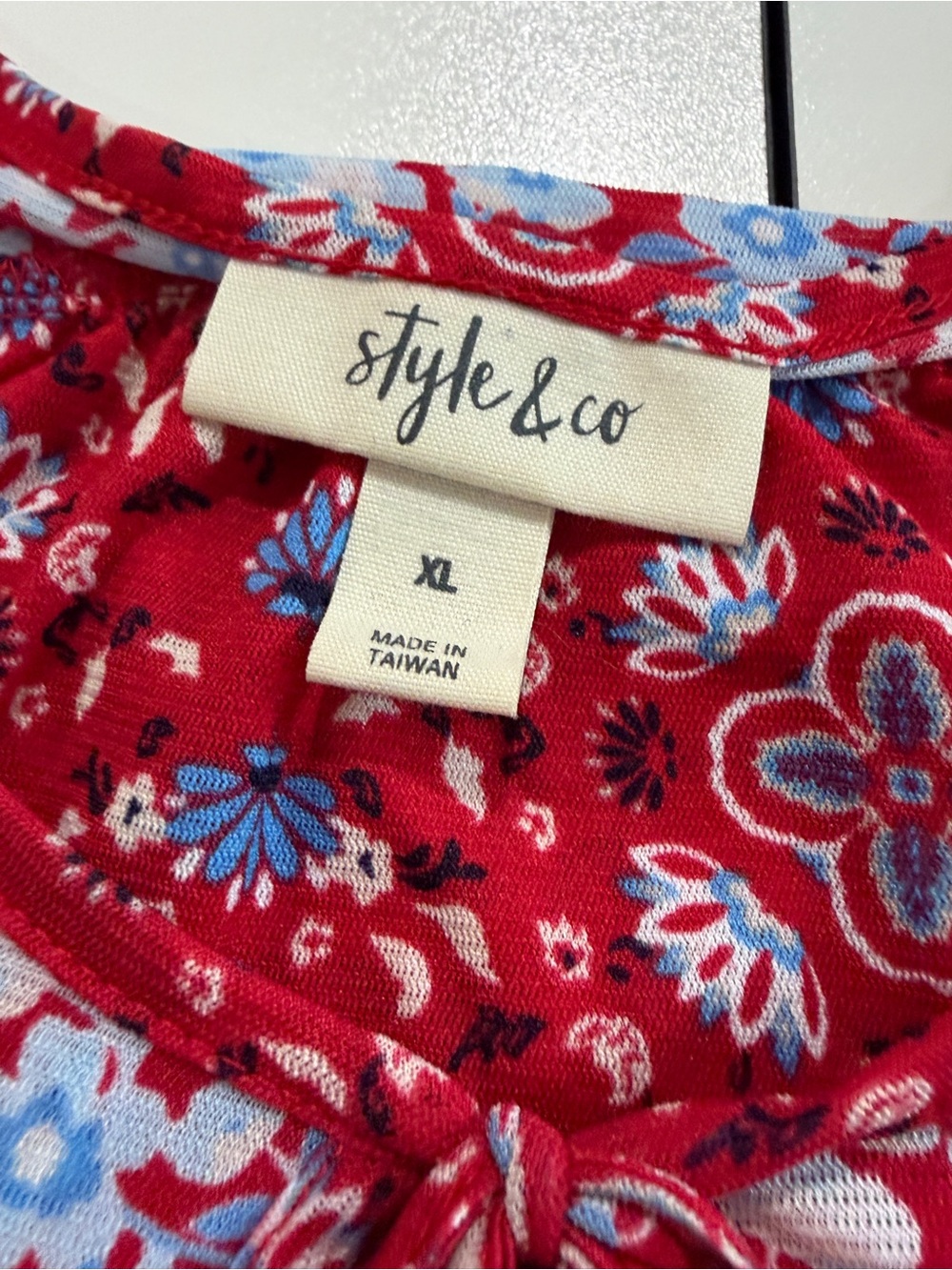 Style & Co. Red Floral Tie-Front Tunic with Navy Accent Sleeves - Picture 10 of 10